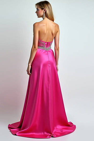 Robe longue de bal à paillettes fuchsia scintillante à paillettes avec fente